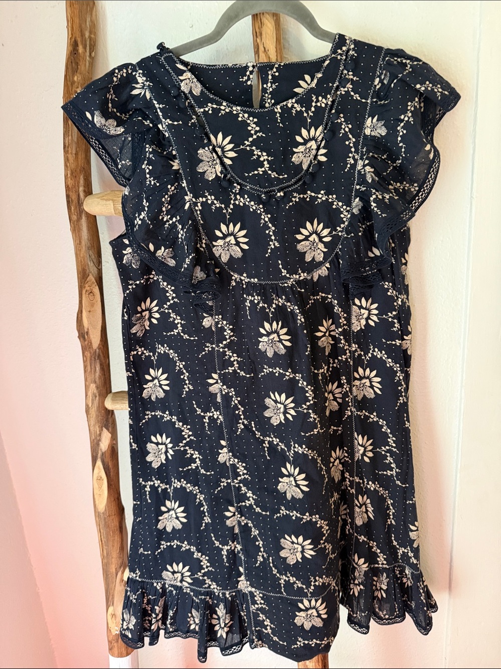 Sea Navy Ivory Floral Print Cotton Ruffle Mini Button Yoke Mini Dress S M